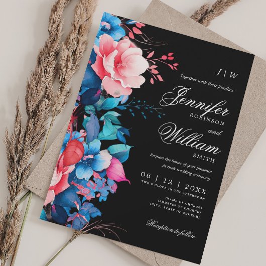 Romantische Bloemen Huwelijk Elegant Script Blauw Kaart