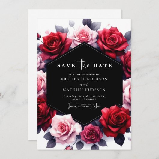 Romantische Bloemenkarmozijnrode bruiloft Save The Date (Voorkant / Achterkant)