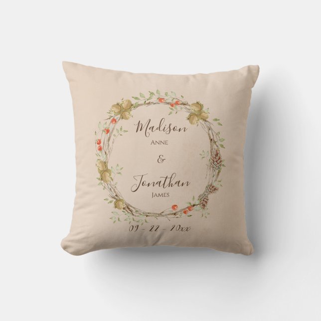Romantische bloemenscript krans groen personaliser kussen (Voorkant)