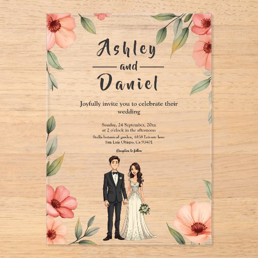 Romantische bloementuin bruid en bruidegom bruilof acryl uitnodigingen (Voorkant)