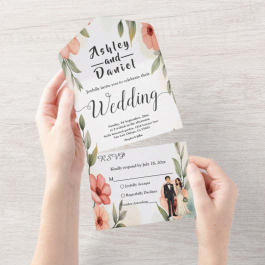 Romantische bloementuin bruid en bruidegom bruilof all in one uitnodiging (Afscheurbaar)