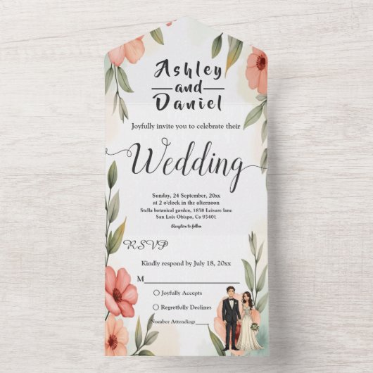 Romantische bloementuin bruid en bruidegom bruilof all in one uitnodiging (Binnen)