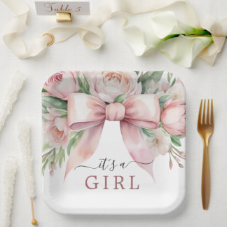Romantische bloemige roze strik baby shower papieren bordje