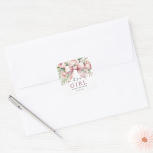 Romantische bloemige roze strik baby shower vierkante sticker