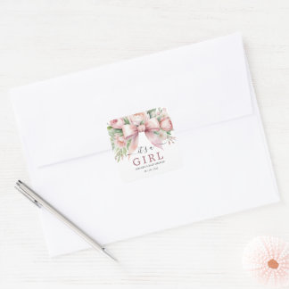Romantische bloemige roze strik baby shower vierkante sticker