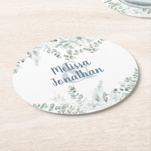 Romantische bloemige zachte witte bloemen bruiloft ronde kartonnen onderzetter (Gebogen)