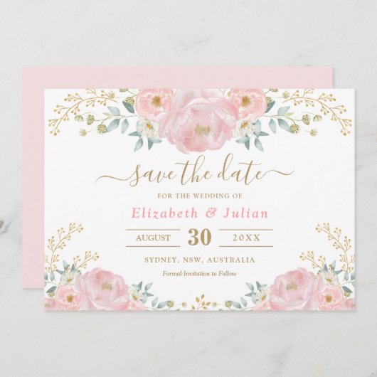 Romantische Bloom Zacht Roze Goud Bloemen Save the Kaart (Voorkant / Achterkant)