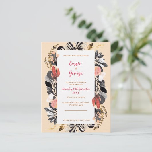 Romantische Blush & Black Bloemen Huwelijksuitnodi Briefkaart (Staand voorkant)