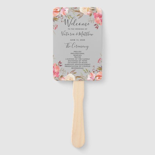 Romantische Blush Bloom Bloemen Bruiloft Programma Handwaaier (Voorkant)