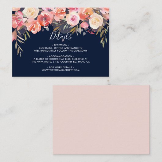 Romantische Blush Bloom Bloemen Huwelijksdetails Informatiekaartje (Voorkant / Achterkant)