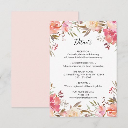 Romantische Blush Bloom Bloemen Huwelijksdetails Kaart (Voorkant / Achterkant)
