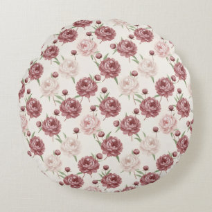 Romantische Blush & Burgundy Pioen Bloemmotief Rond Kussen