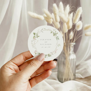 Romantische Blush & Green Bloemen Krans Trouwen Ronde Sticker