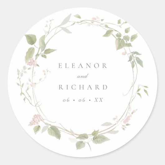 Romantische Blush & Green Bloemen Krans Trouwen Ronde Sticker (Voorkant)