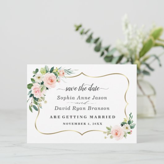 Romantische Blush Ivoor Bloemen Bruiloft Calligraf Save The Date (Staand voorkant)