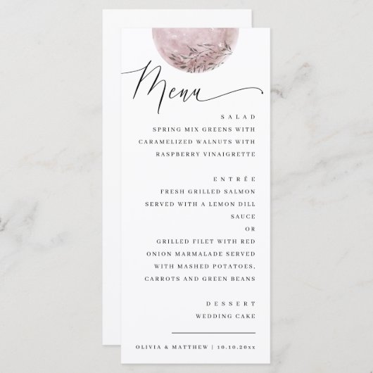 Romantische Blush Moon | Hemels huwelijksdiner Menu (Voorkant / Achterkant)
