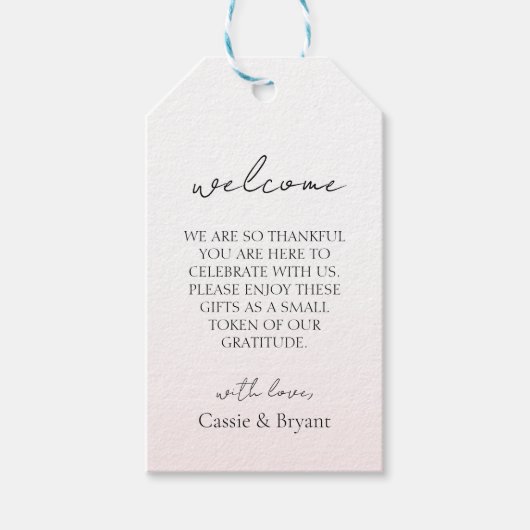 Romantische Blush Roze Elegant Bruiloft Welkom Cadeaulabel (Voorkant)