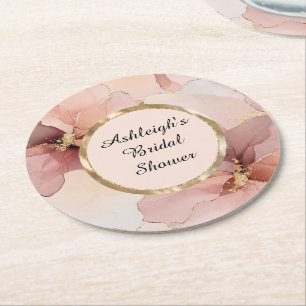 Romantische Blush Roze Gouden Bloemachtige Bruilof Ronde Kartonnen Onderzetter