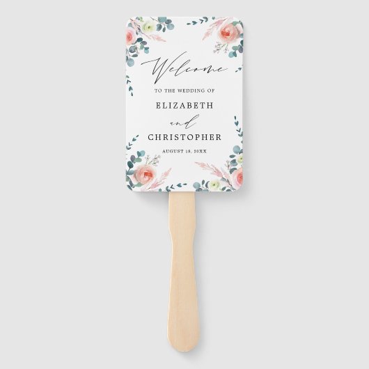 Romantische Blush Roze & Wit Bloemen Bruiloft Welk Handwaaier (Achterkant)