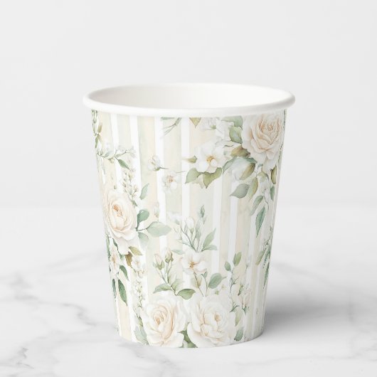 Romantische Blush Witte Rozen Bloemen Strepen Huwe Papieren Bekers (Achterkant)