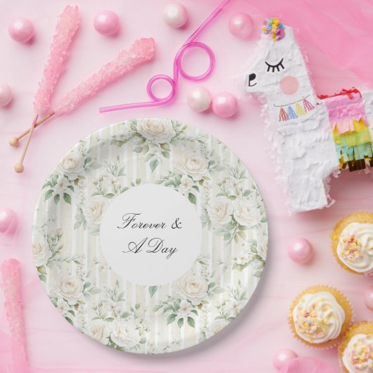 Romantische Blush Witte Rozen Bloemen Strepen Huwe Papieren Bordje (Feest)