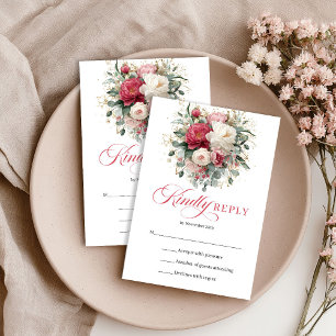 Romantische Boho Bloemige Rode Blush RSVP Bijlage Kaartje