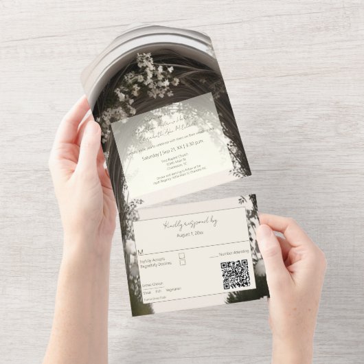 Romantische Boho Botanische Boog Huwelijk All In One Uitnodiging (Afscheurbaar)