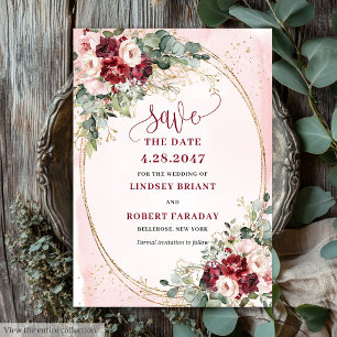 Romantische Boho Diep Rode Blush Gouden Bloemstuk Kaart