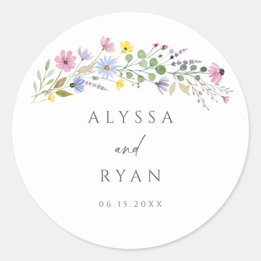 Romantische Boho Garden Wildflower bruiloft Ronde Sticker (Voorkant)