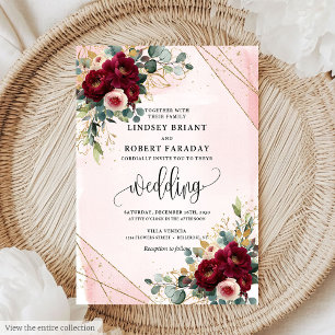 Romantische Boho Maroon Gold Blush Bloemen Huwelij Kaart