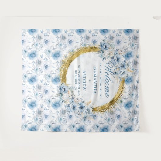 Romantische Boho Pastel Blauw Goud Trouwfoto Prop Wandkleed (Voorkant (horizontaal))