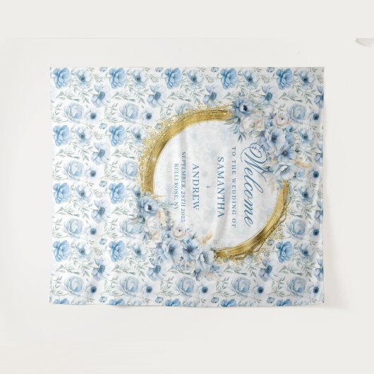 Romantische Boho Pastel Blauwe Gouden Trouw Tapijt Wandkleed (Voorkant (horizontaal))