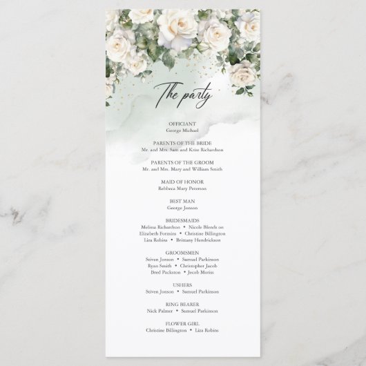 Romantische boho witte rozen en groen bruiloft programma (Achterkant)