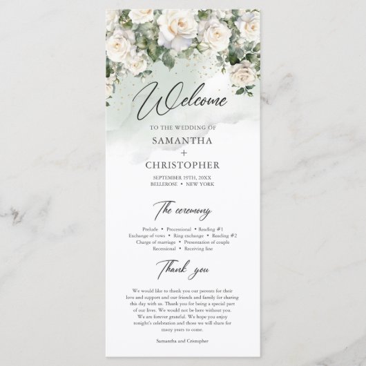Romantische boho witte rozen en groen bruiloft programma (Voorkant)