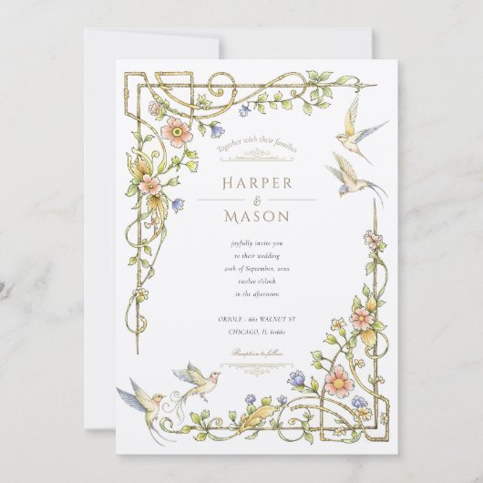 Romantische Botanische Bloemen & Vogelbruiloft Kaart (Voorkant)