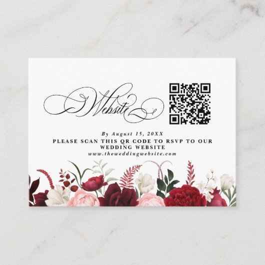 Romantische Bourgogne Bloemen QR Code Huwelijksver Informatiekaartje (Voorkant)