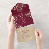 Romantische Bourgogne Goud Bloemen Bruiloft All In One Uitnodiging (Afscheurbaar)