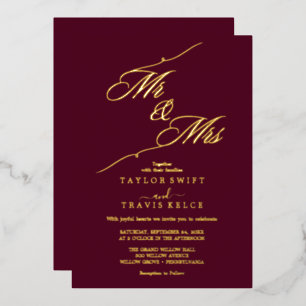 Romantische Bourgogne & Goud Folie "Mr. & Mrs." Tr Uitnodiging