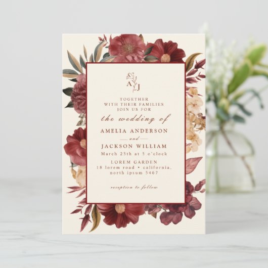 Romantische Bourgogne rood en koper bruiloft Kaart (Staand voorkant)