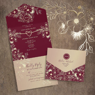 Romantische Bourgondische Gouden Bloemen Bruiloft All In One Uitnodiging