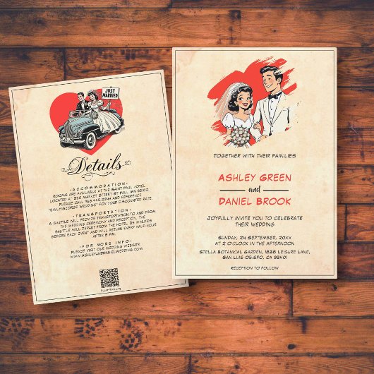  romantische bruid en bruidegom 50s Comic Wedding Kaart