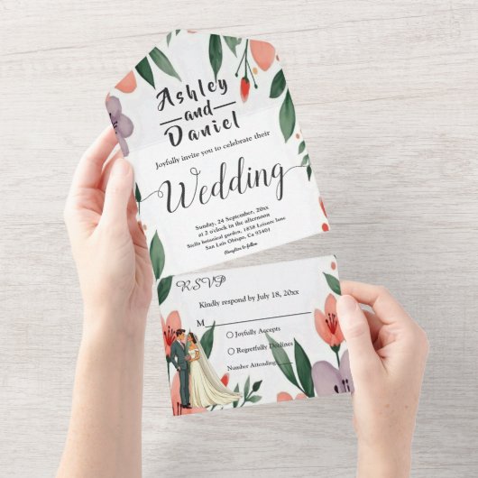 Romantische bruid en bruidegom bloementuin bruilof all in one uitnodiging (Afscheurbaar)