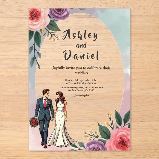Romantische bruid en bruidegom Waterverf bloemenbr Acryl Uitnodigingen (Voorkant)