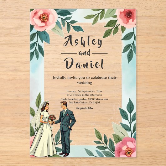 Romantische bruid en bruidegom Waterverf bloemenbr Acryl Uitnodigingen (Voorkant)