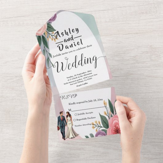 Romantische bruid en bruidegom Waterverf bloemenbr All In One Uitnodiging (Afscheurbaar)