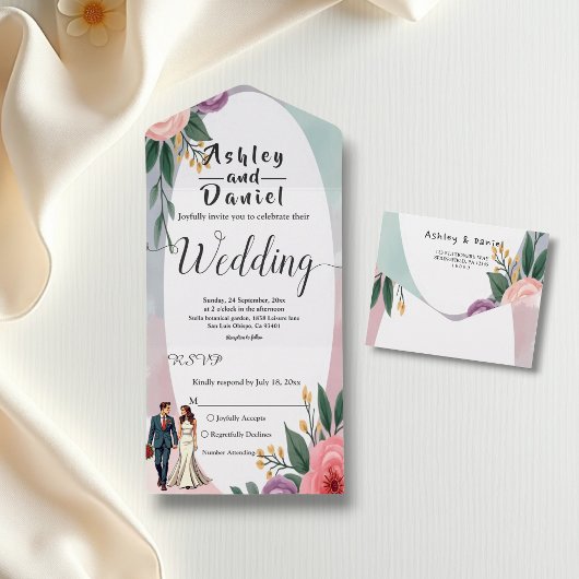 Romantische bruid en bruidegom Waterverf bloemenbr All In One Uitnodiging