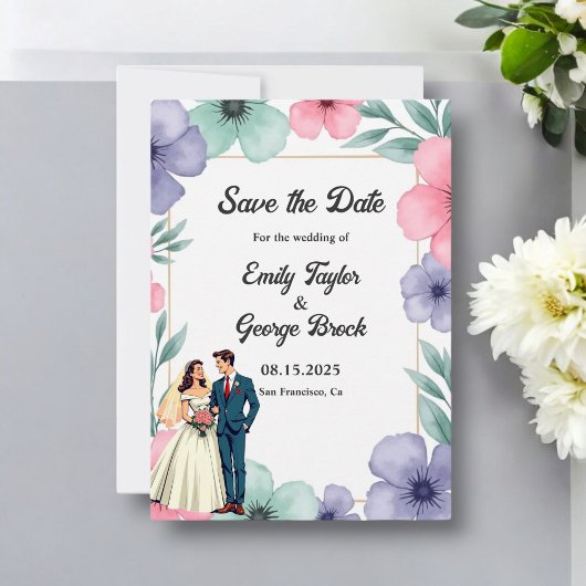 Romantische bruid en bruidegom Waterverf bloemenbr Save The Date