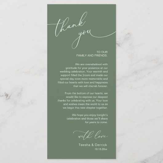 Romantische bruiloft plaats instelling dank u kaar programma (Voorkant)