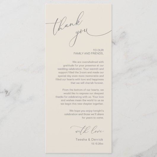 Romantische bruiloft plaats instelling dank u kaar programma (Voorkant)