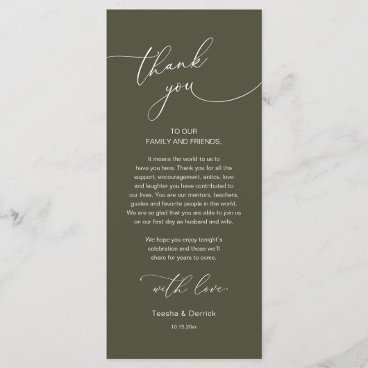 Romantische bruiloft plaats instelling dank u kaar programma (Voorkant)